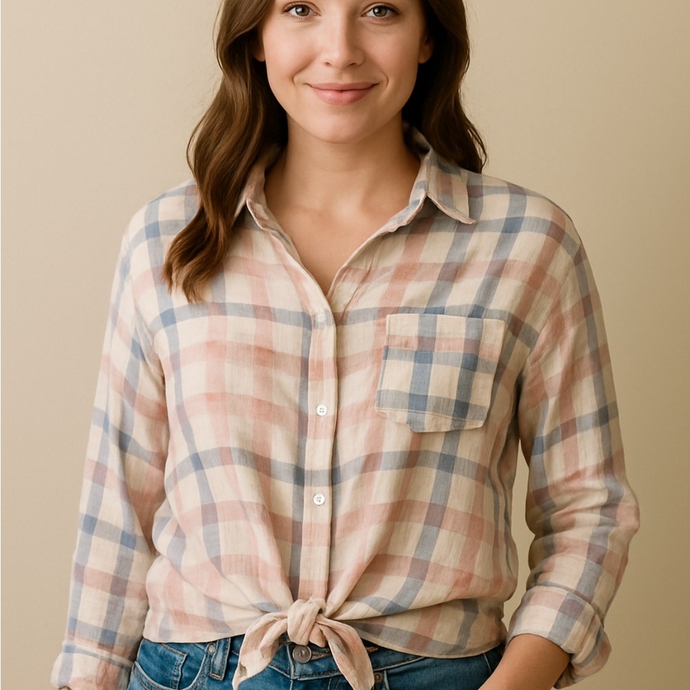 Pink and Blue Tie Front Button Down Shirt with Notched Collar